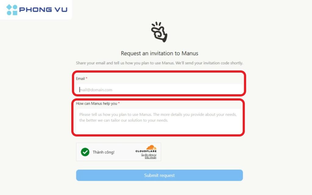 Nhập địa chỉ email và điền một câu trả lời