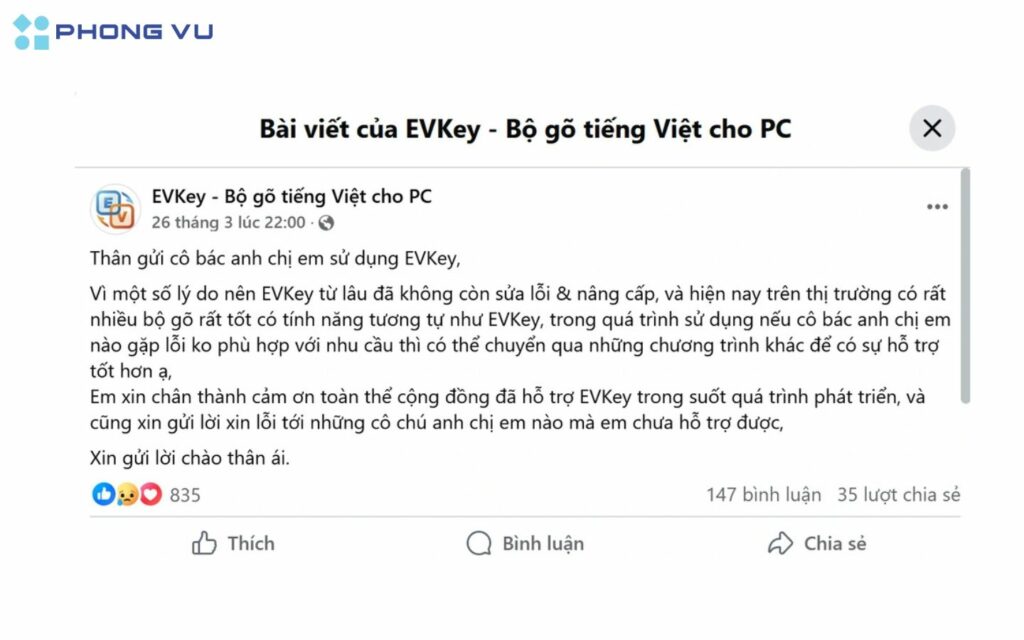 Thông báo ngừng phát triển từ nhà phát hành EVKey