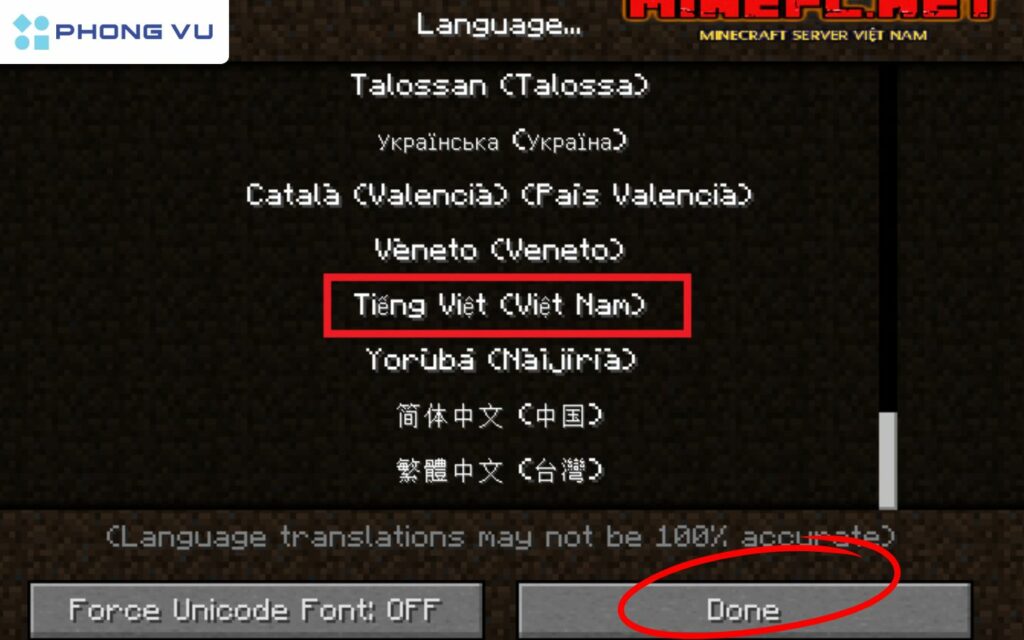 Chọn Tiếng Việt và bấm vào Done