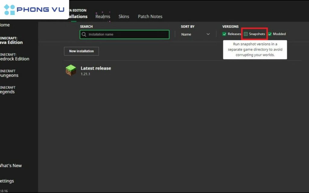 Chọn mục Snapshots trong phần Version