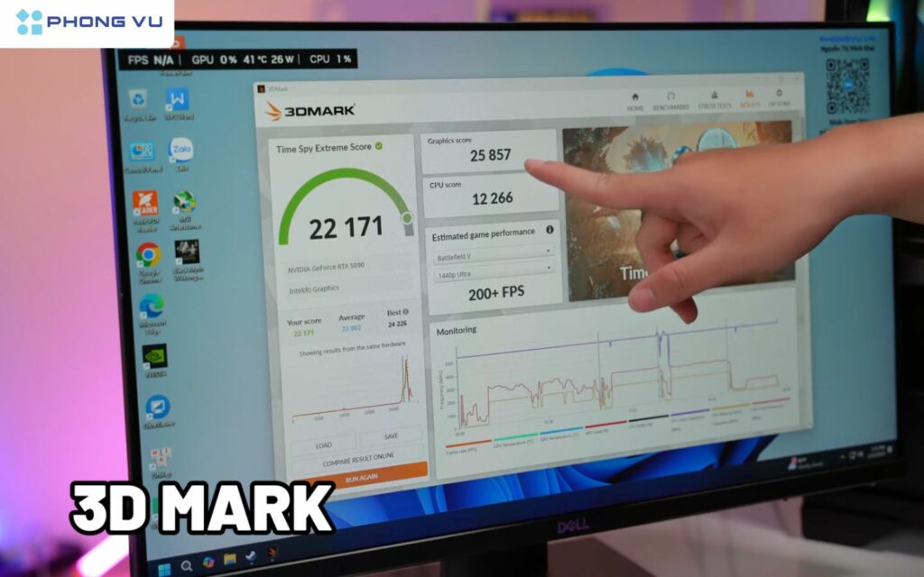 Benchmark PC Gaming PV Hades H003 bằng 3D mark, Điểm Graphics đạt 25,857, điểm CPU đạt 12266, FPS dự kiến đạt trên 200+