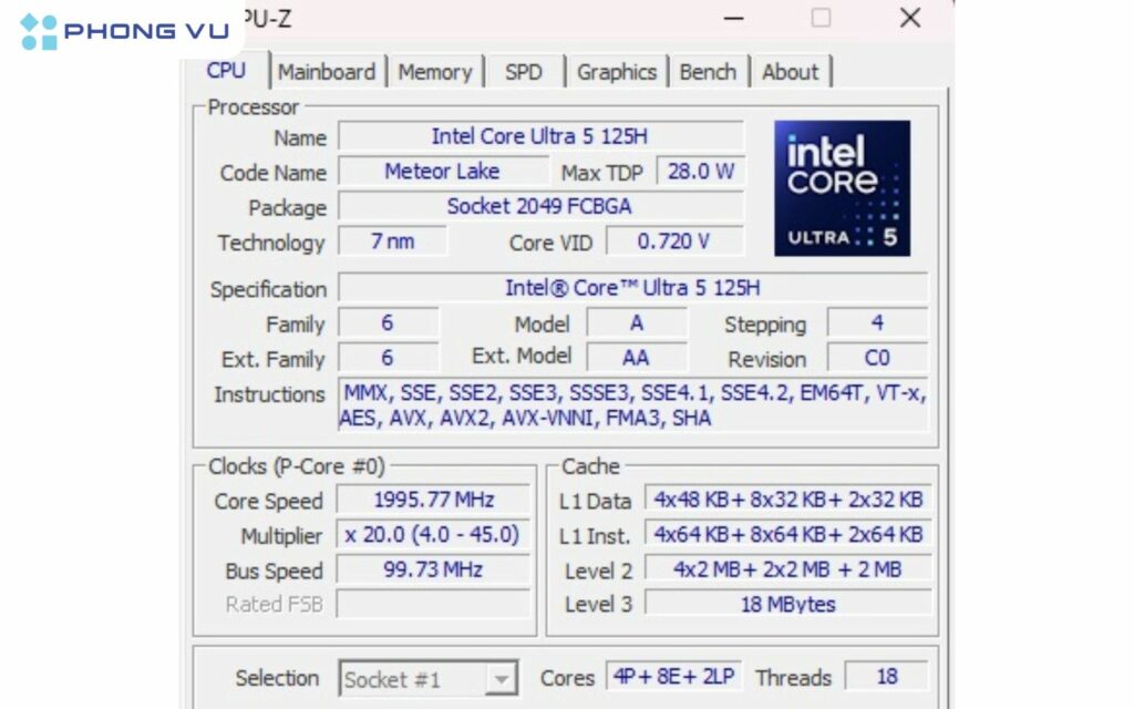 Thông số kỹ thuật của CPU Intel Core Ultra 5 125H