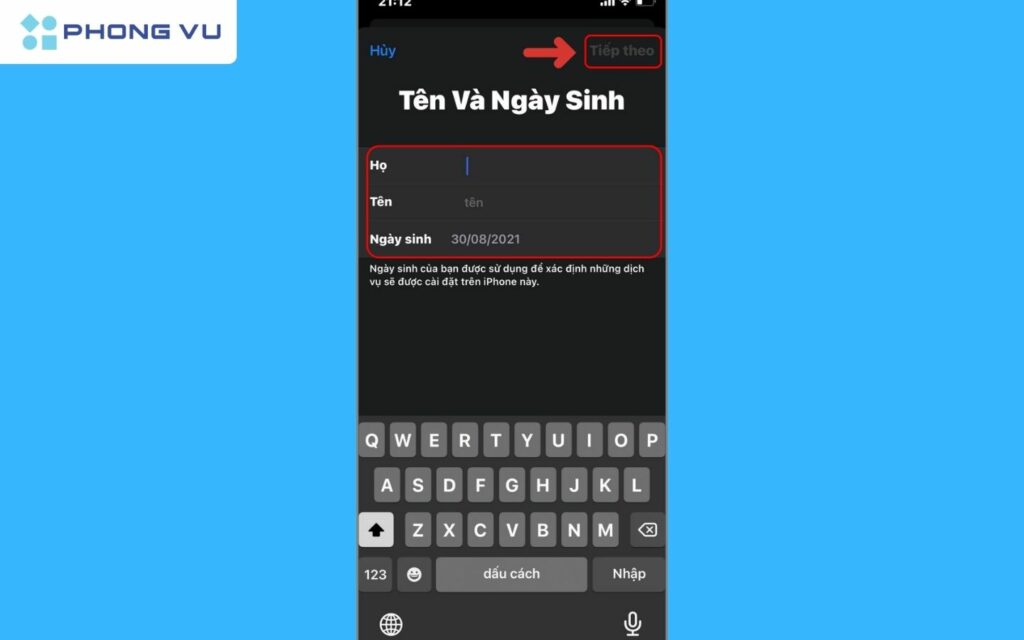 Điền vào các thông tin cá nhân