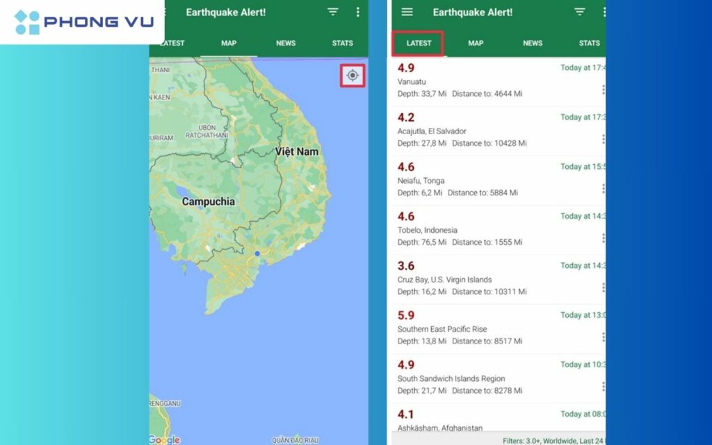 Chọn mục "Latest" để xem danh sách các trận động đất mới nhất
