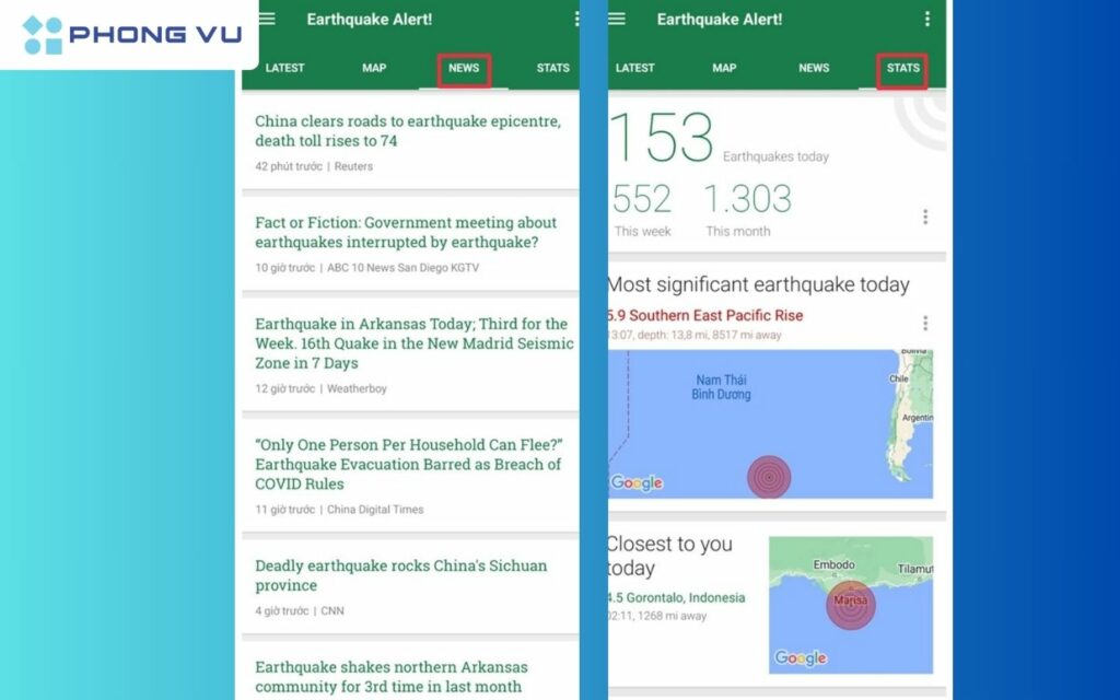 Cập nhật tin tức và thống kê về động đất