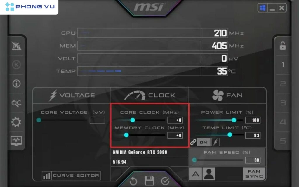 Mở MSI Afterburner, bạn sẽ thấy hai thanh trượt chính: Core Clock (xung GPU) và Memory Clock