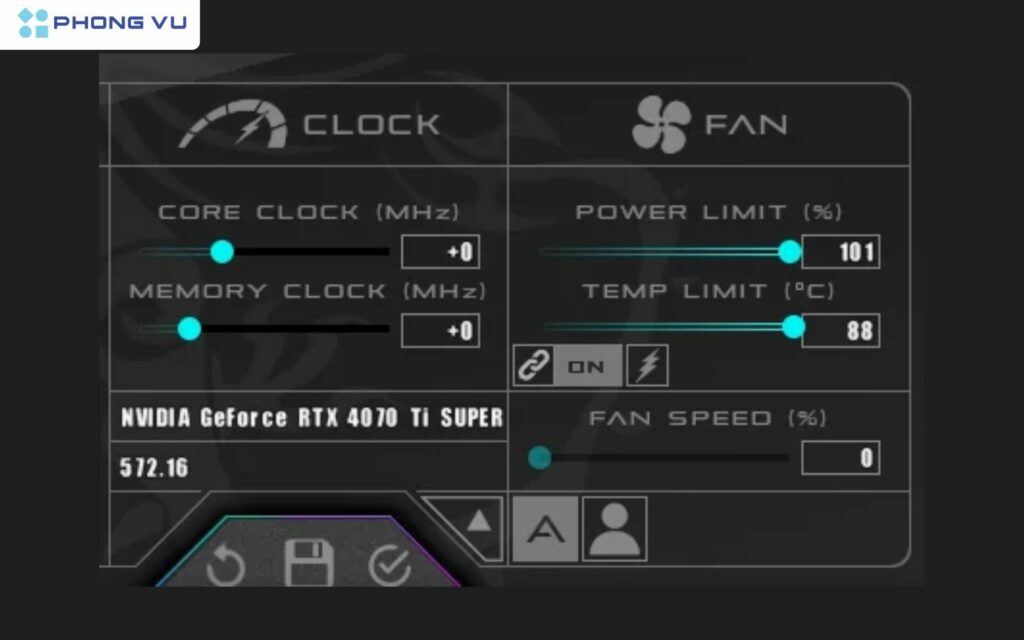 Trong MSI Afterburner, kéo thanh Power Limit lên tối đa để GPU có thêm điện năng hoạt động.