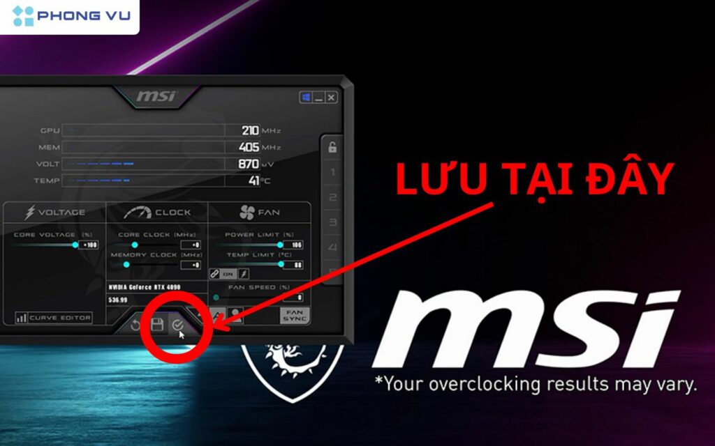 Khi tìm được mức xung ổn định, nhấn nút “Save” (biểu tượng đĩa mềm) để lưu profile.