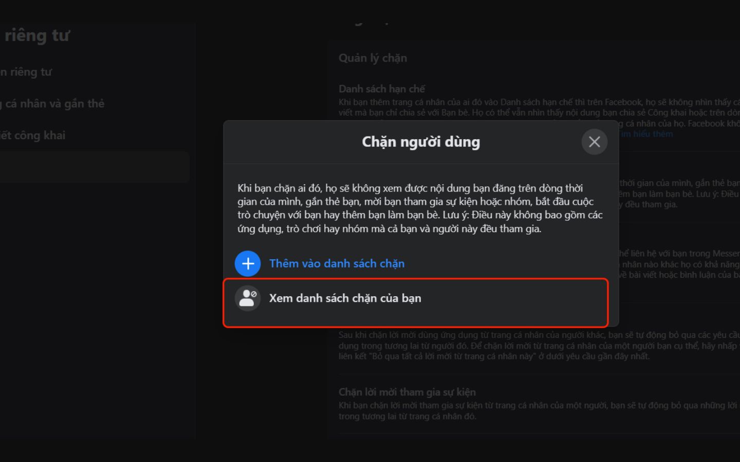 Chọn mục Xem danh sách chặn của bạn 