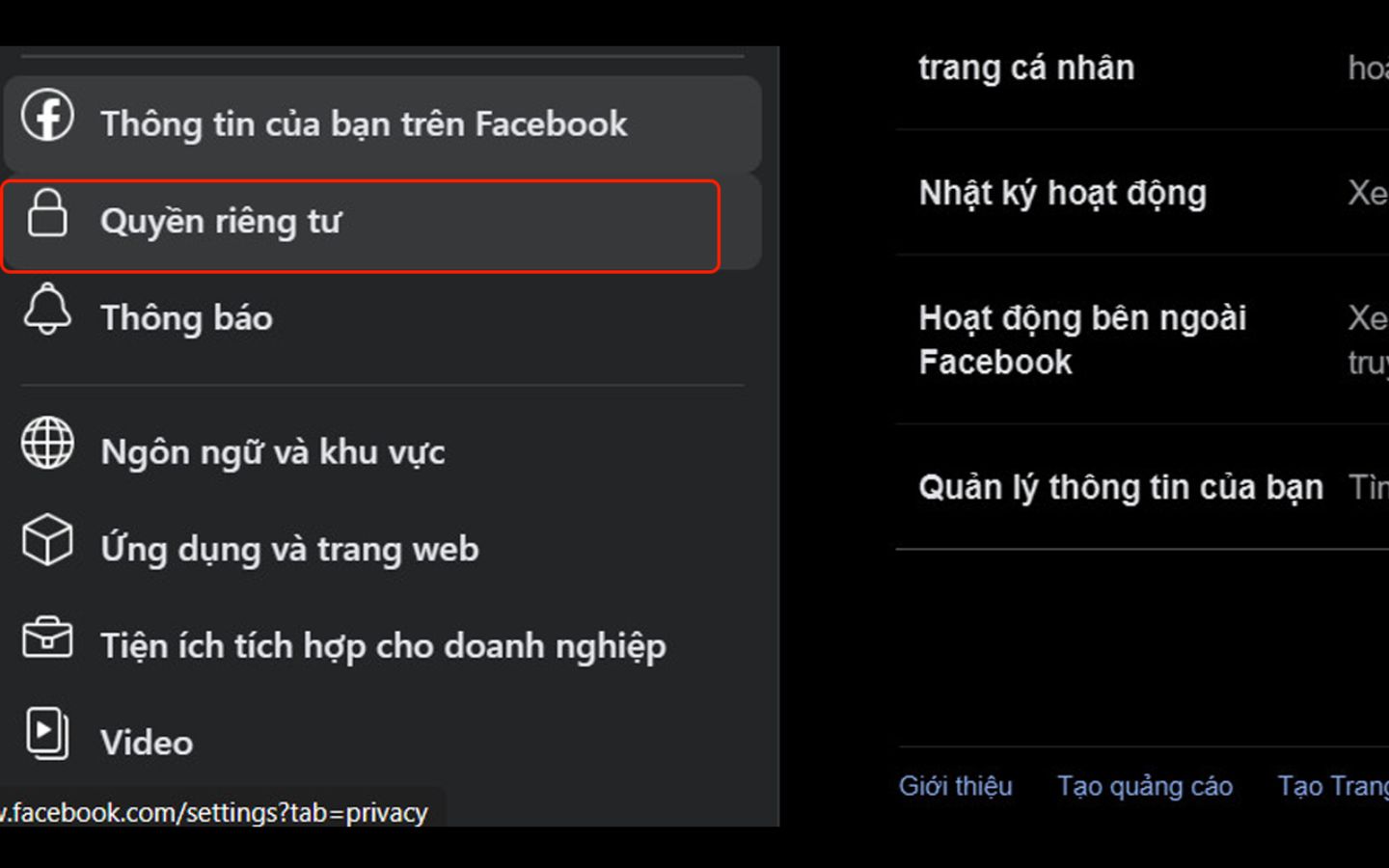 Chọn Quyền riêng tư.