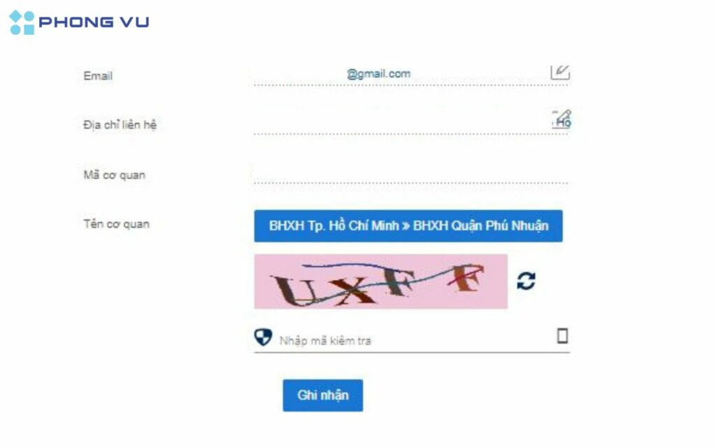 Nhập mã kiểm tra và bấm vào ghi nhận