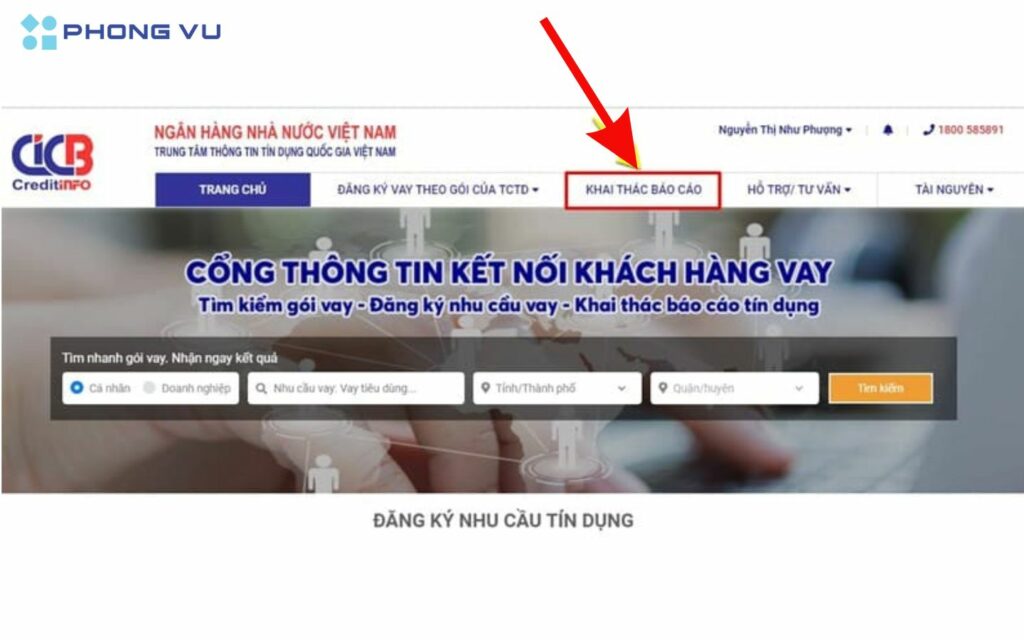 Truy cập vào website CIC để đăng nhập và chọn “Khai thác báo cáo” để kiểm tra nợ xấu CIC