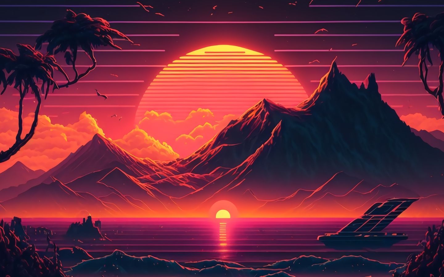 Phong cảnh synthwave mặt trời đỏ