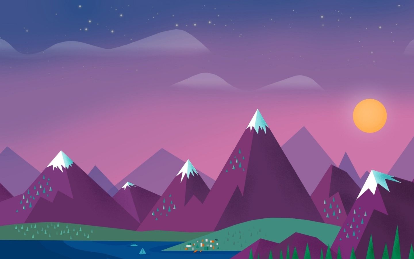 Dãy núi tím biếc và bầu trời mơ màng