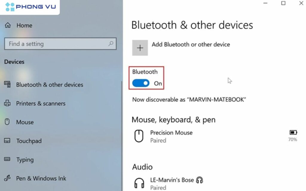 vào Settings > Devices > Bluetooth & other devices, bật Bluetooth lên.
