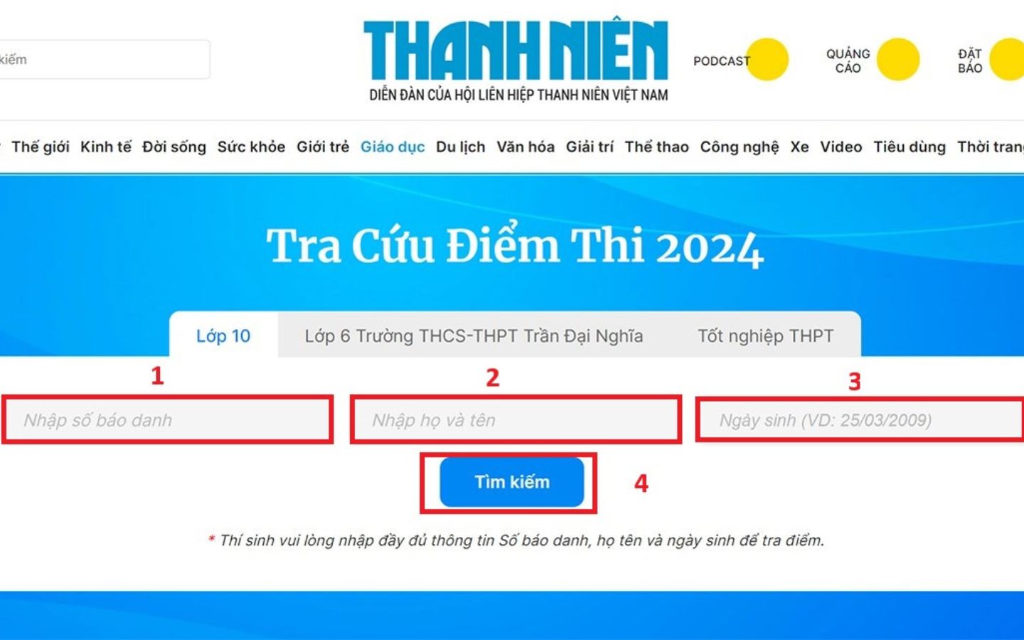 Tra cứu điểm thi THPT trên trang báo Thanh Niên (Nguồn: Internet)