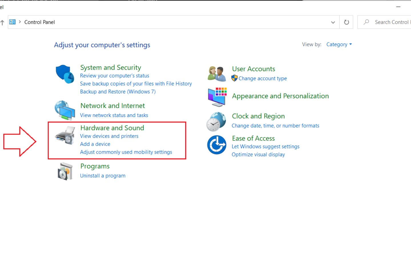 Chọn mục Hardware and Sound (Nguồn: Internet)