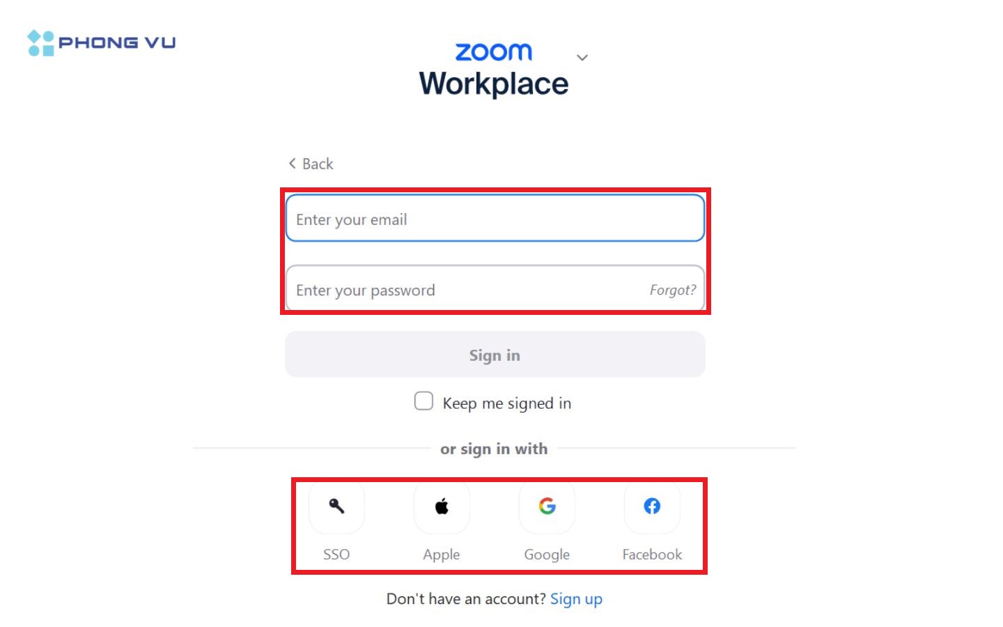 Chọn một trong các phương thức đăng nhập
