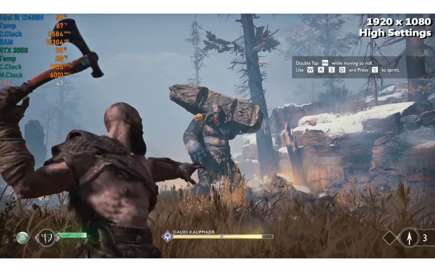 Với God of War Ragnarok, máy đạt 46 FPS ở High Settings (1920x1080, DLSS-Off, Frame Gen-Off)