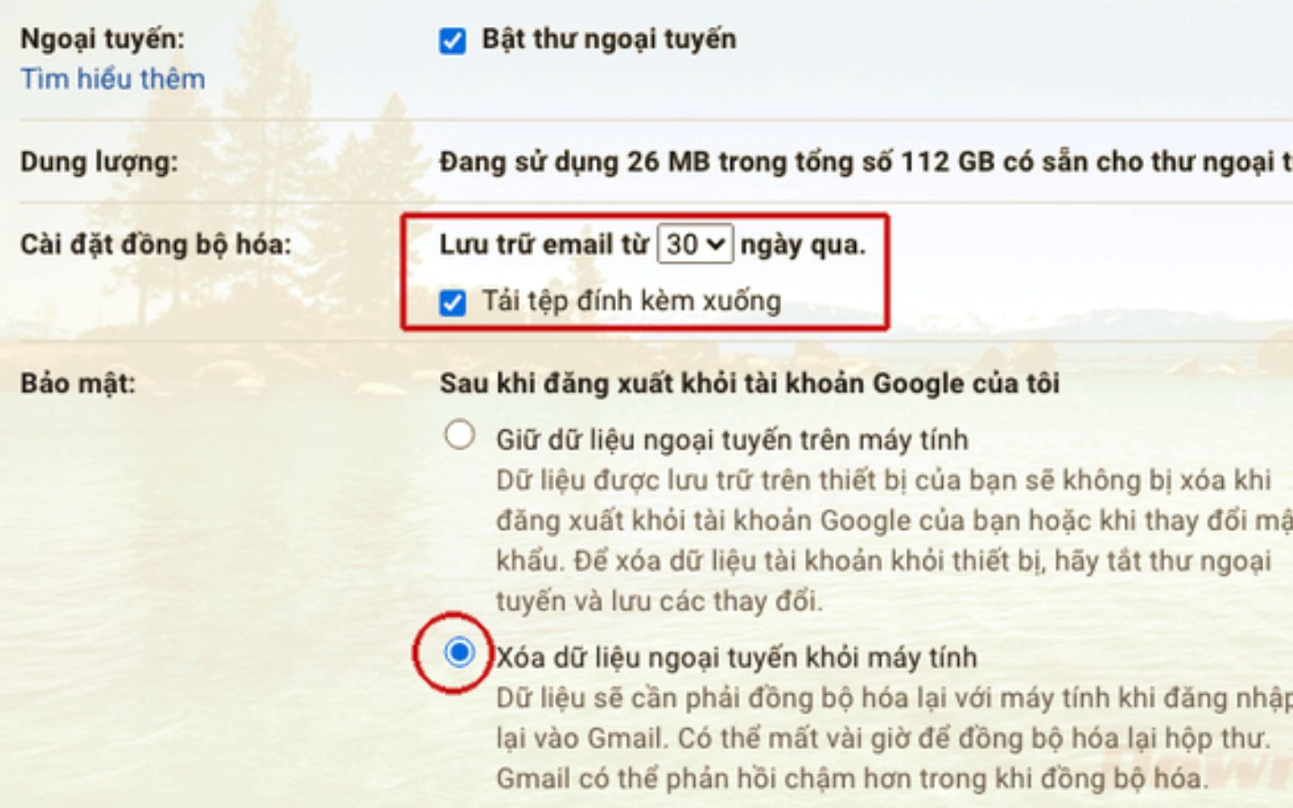 Trong Gmail (trình duyệt), vào Settings > Offline, tích Enable offline mail. Lưu trữ email 7-90 ngày, tiện cho người hay di chuyển. (Nguồn: Internet)