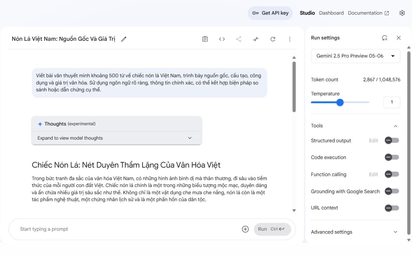 Prompt dạng bài thuyết minh với prompt trong Gemini 2.5 Pro