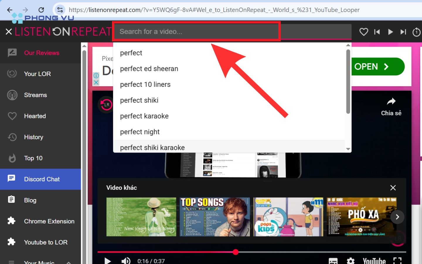 Nhập tên video YouTube muốn xem tại thanh tìm kiếm Search for a video
