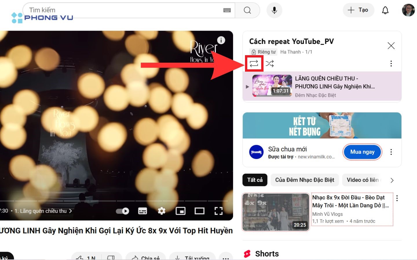 Tại danh sách phát bên phải, nhấn vào biểu tượng hai dấu mũi tên tạo thành vòng lặp