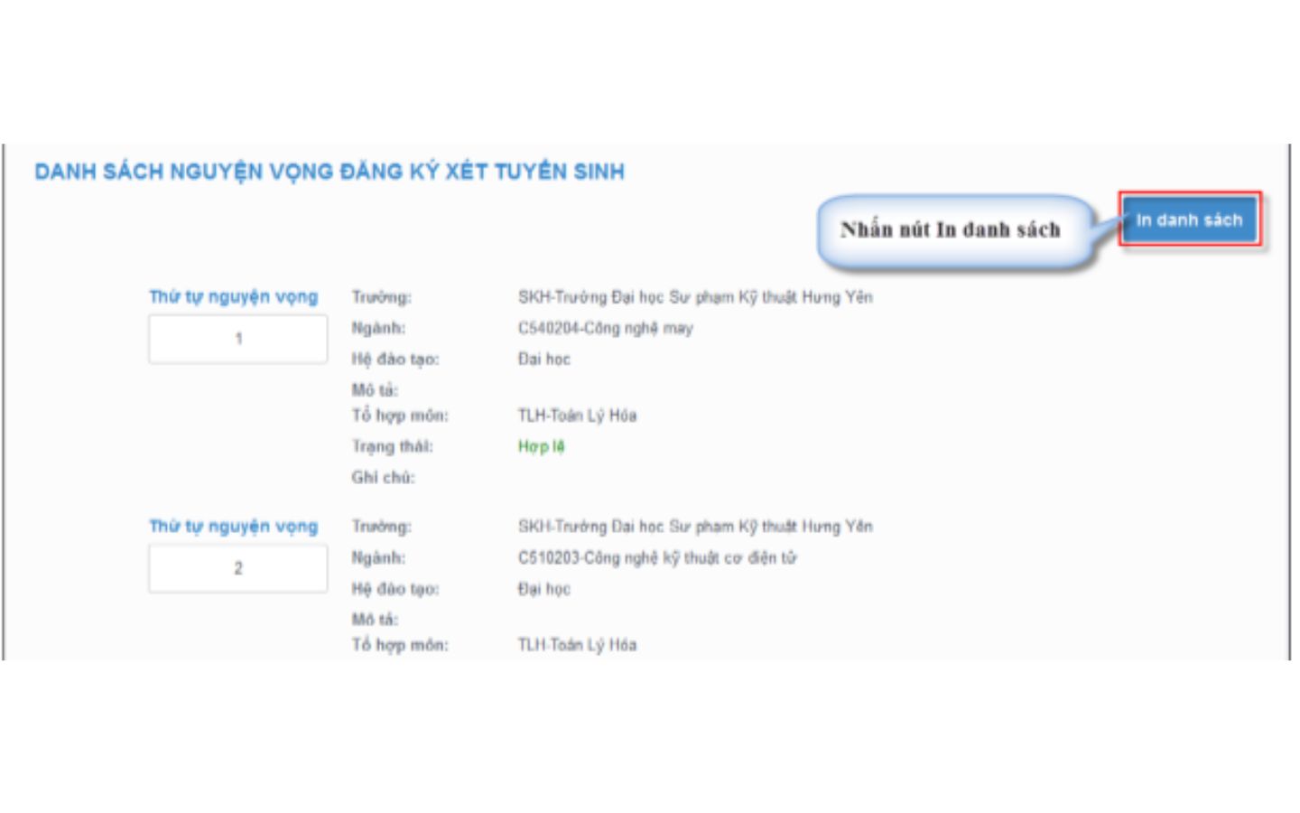 In danh sách nguyện vọng và kiểm tra lại thông tin