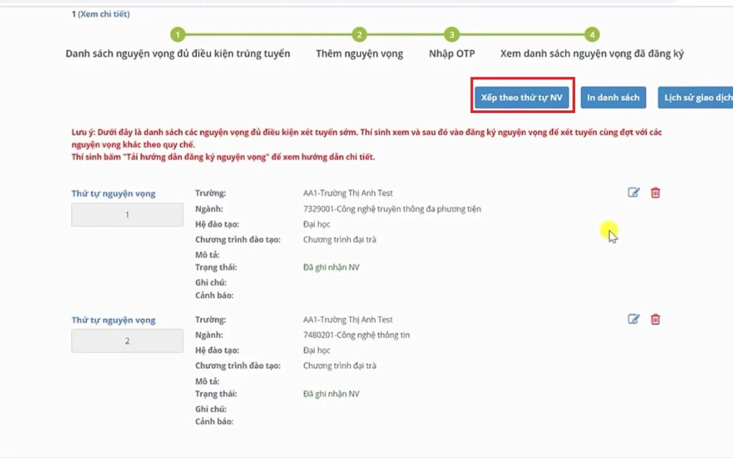 Sắp xếp các nguyện vọng đăng ký đại học và cao đẳng 