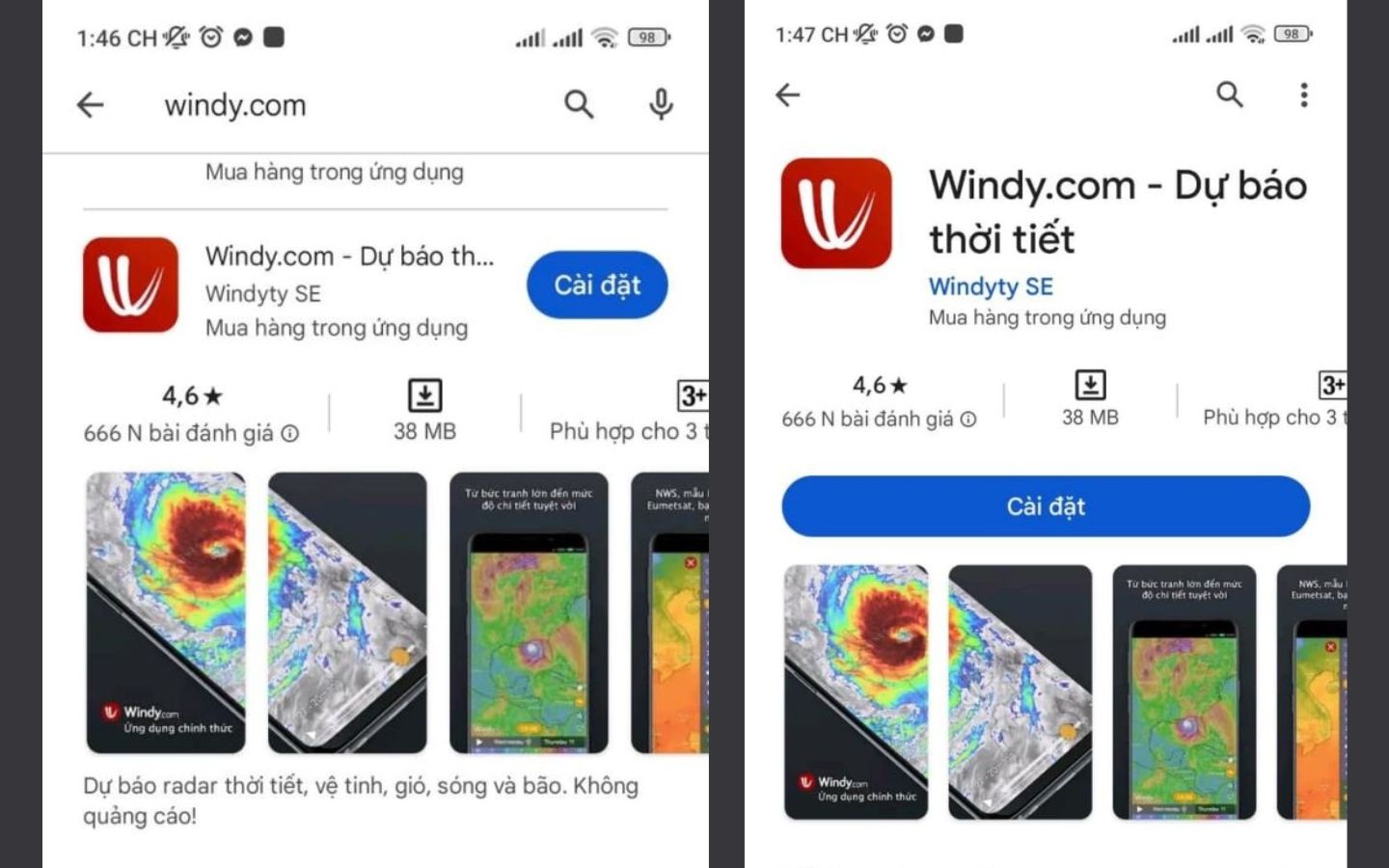 Cài đặt Windy trên Android