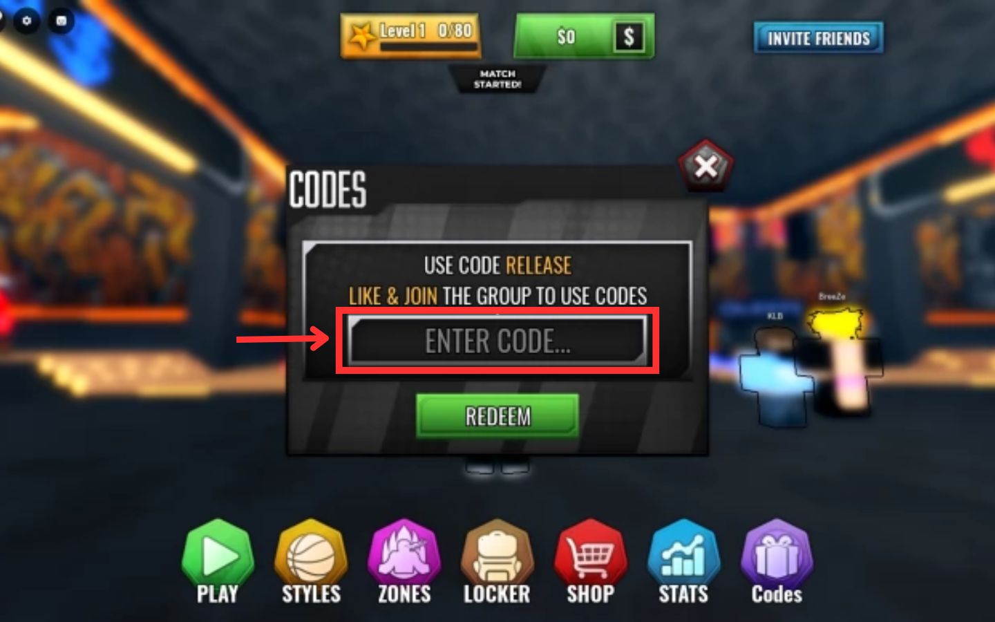 Full code Basketball Zero tháng 11/2025 mới nhất và cách nhập 5 Nhập code Basketball Zero vào ô "Enter Code"