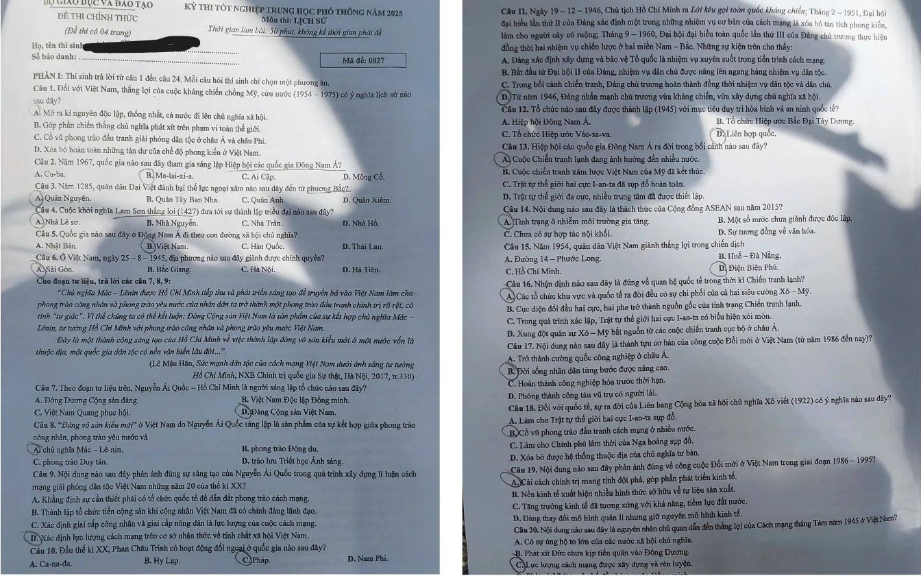 Đề thi môn Lịch sử THPT 2025 mã 0827 trang 1 - 2