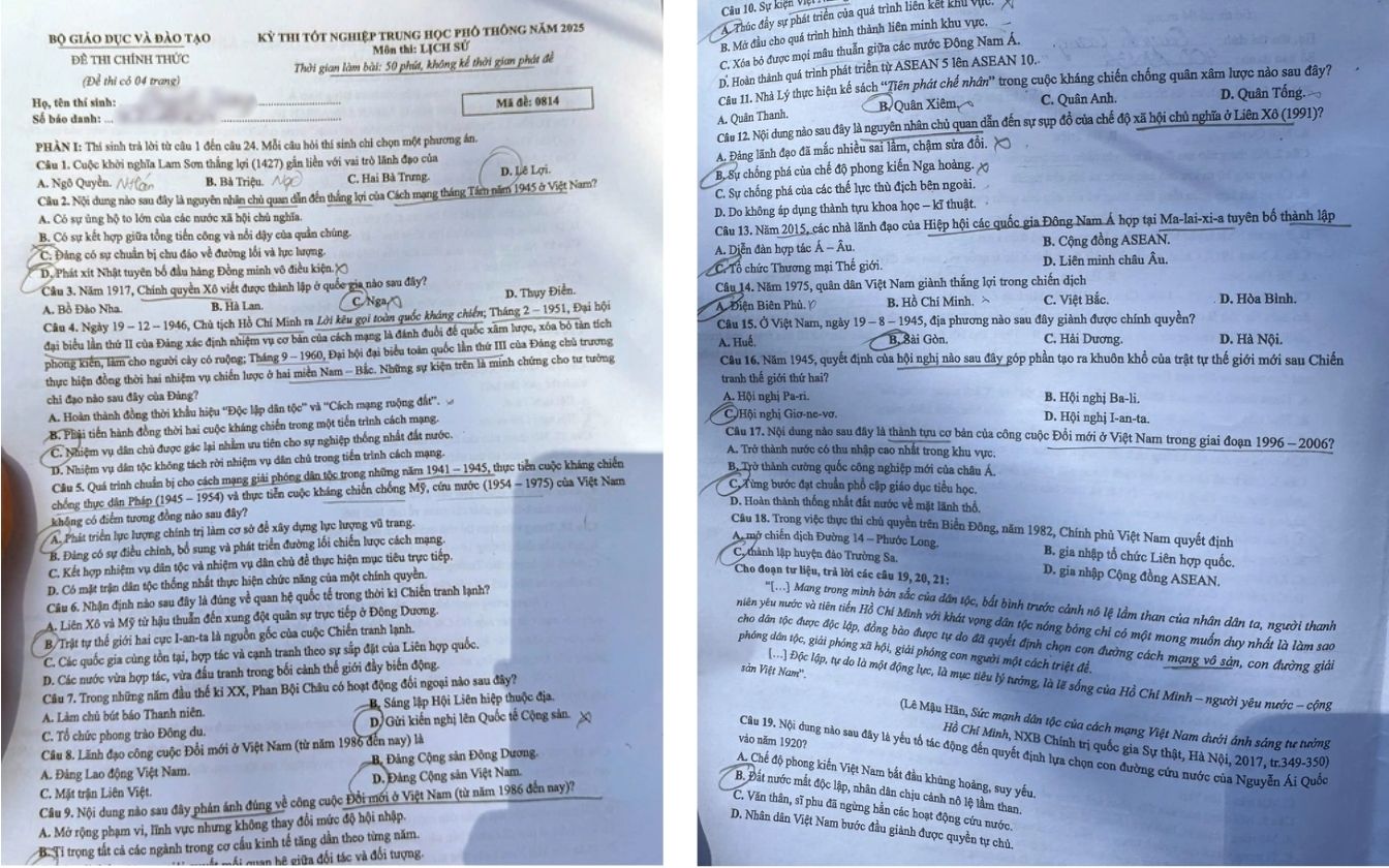 Đề thi môn Lịch sử THPT 2025 mã 0814 trang 1 - 2