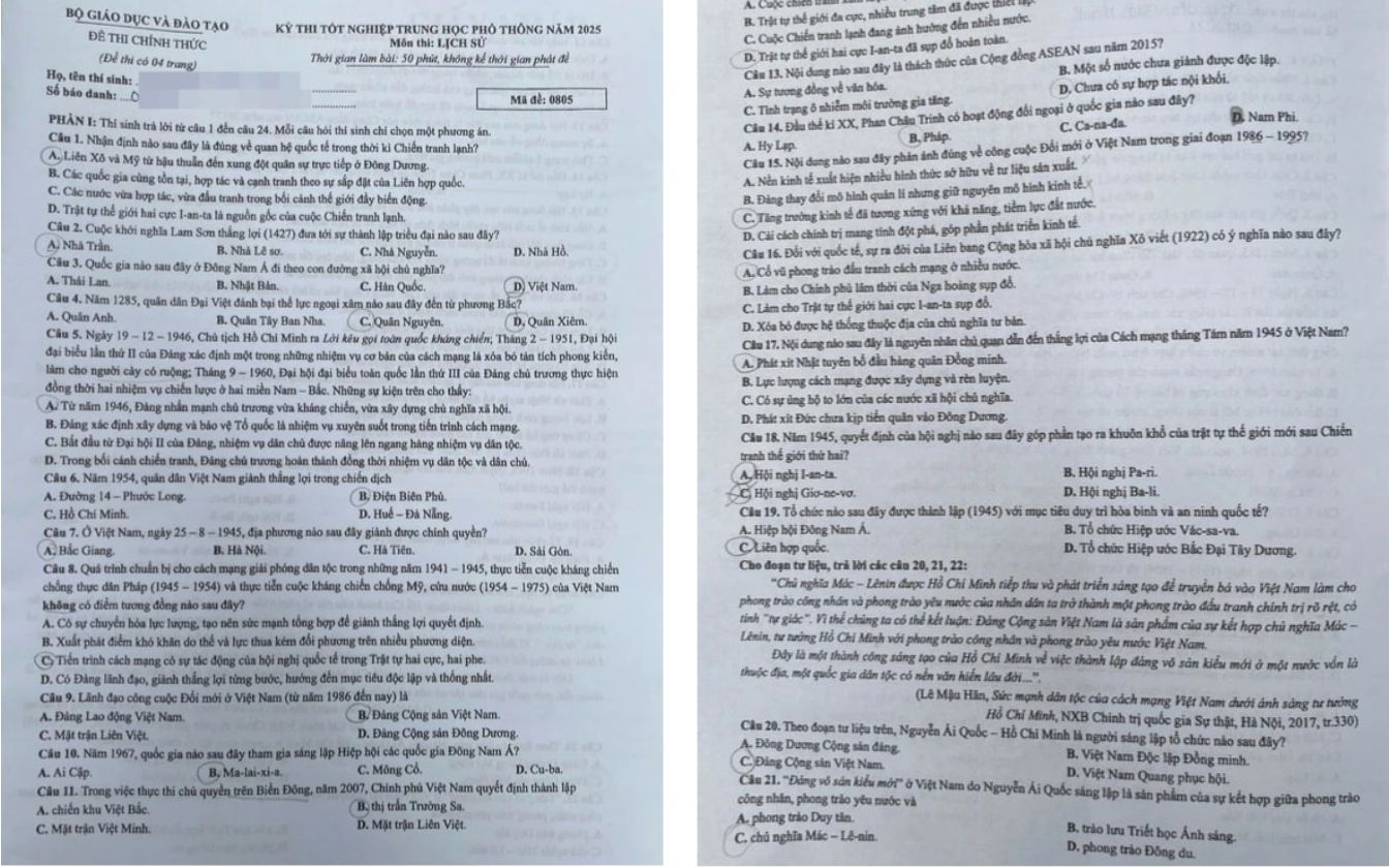 Đề thi môn Lịch sử THPT 2025 mã 0805 trang 1 - 2