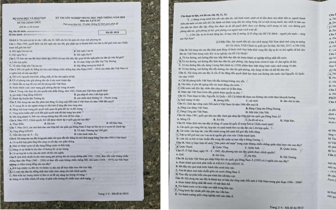 Đề thi môn Lịch sử THPT 2025 mã 0810 trang 1 - 2