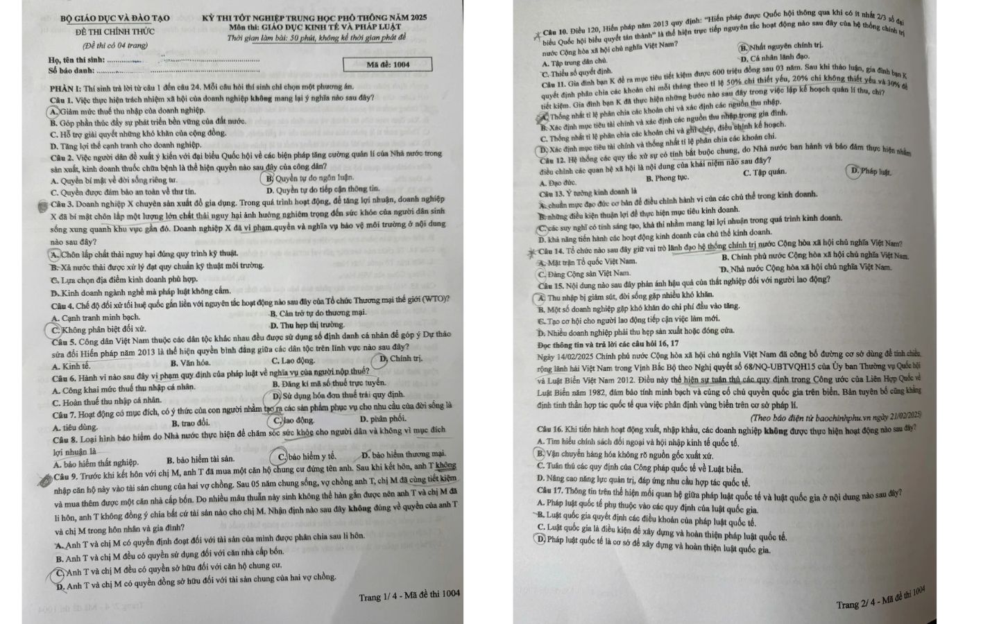 Đề thi môn GDCD mã đề 1004 trang 1 và 2