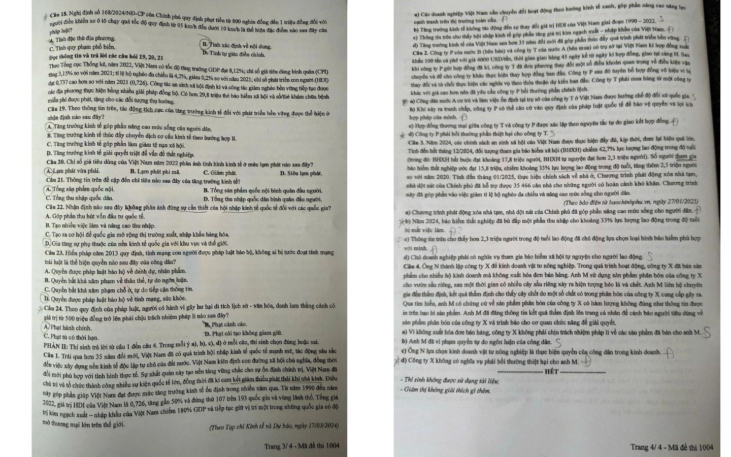 Đề thi môn GDCD mã đề 1004 trang 3, 4