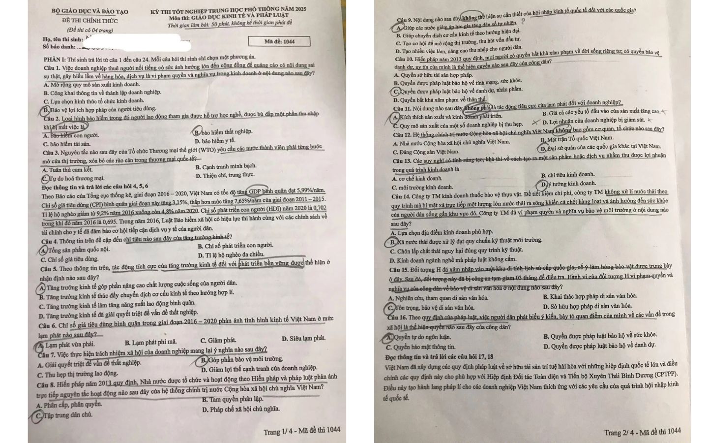 Đề thi môn GDCD mã đề 1044 trang 1, 2