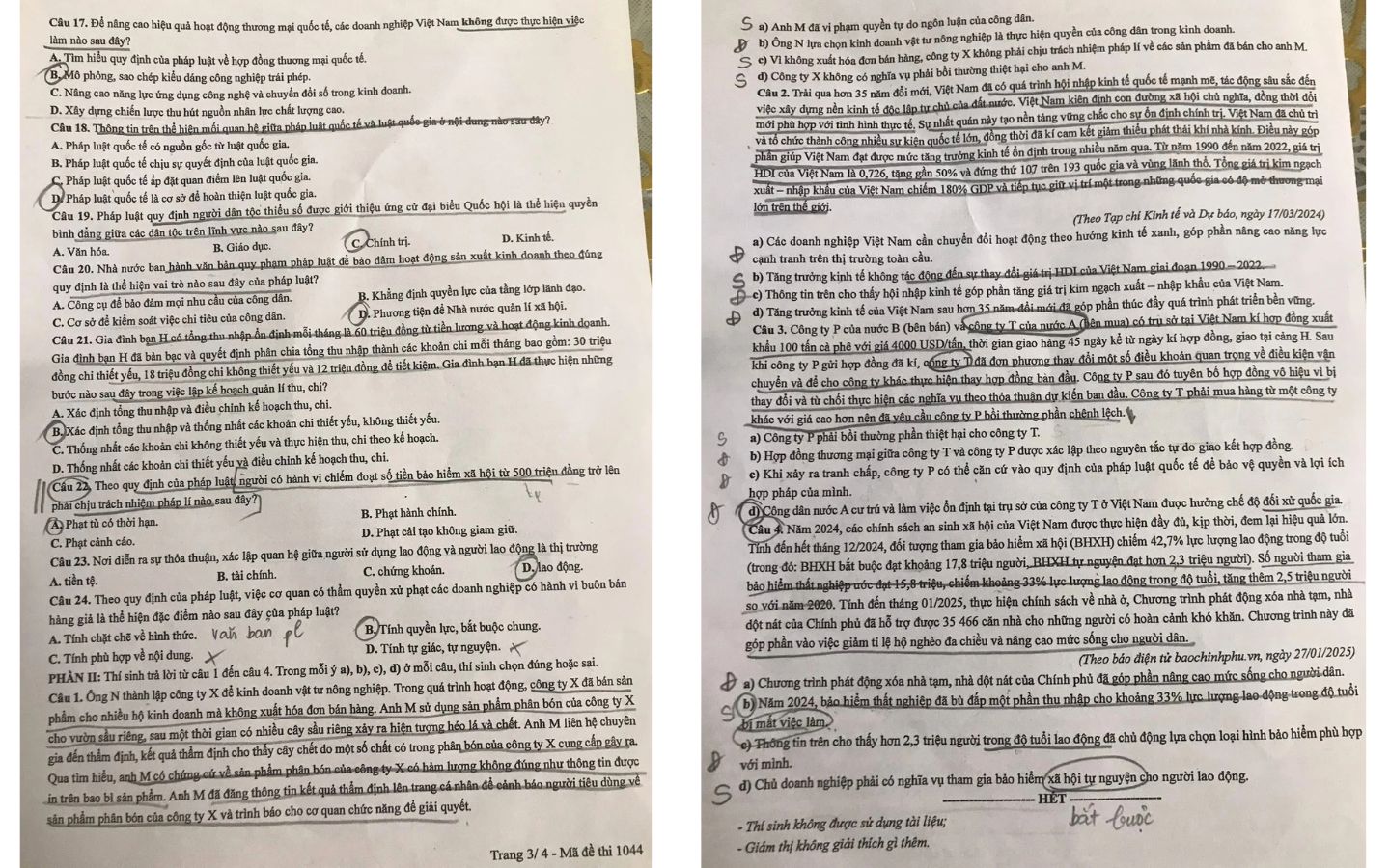 Đề thi môn GDCD mã đề 1044 trang 3, 4