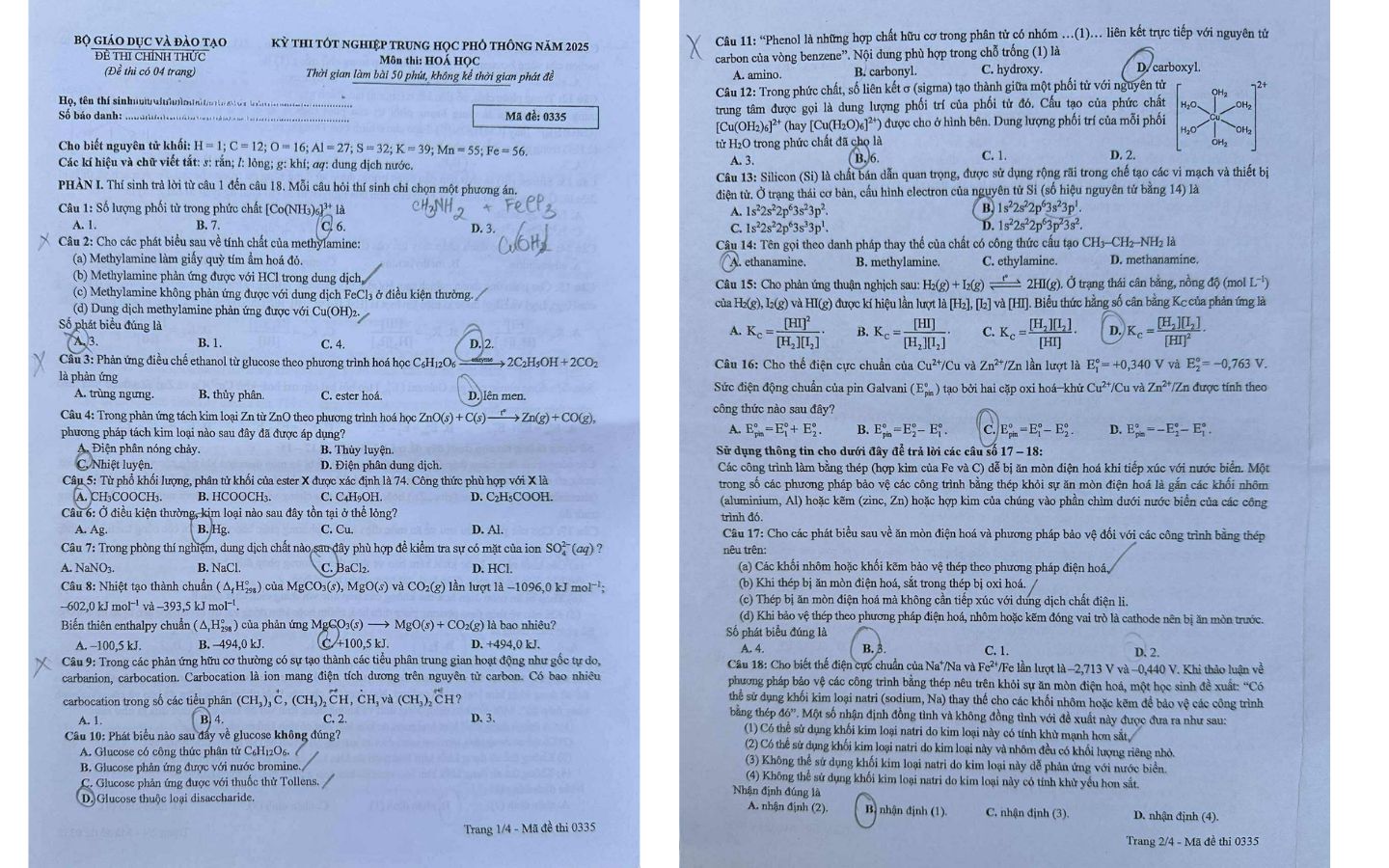 Đề thi môn Hóa học mã đề 0335 trang 1, 2