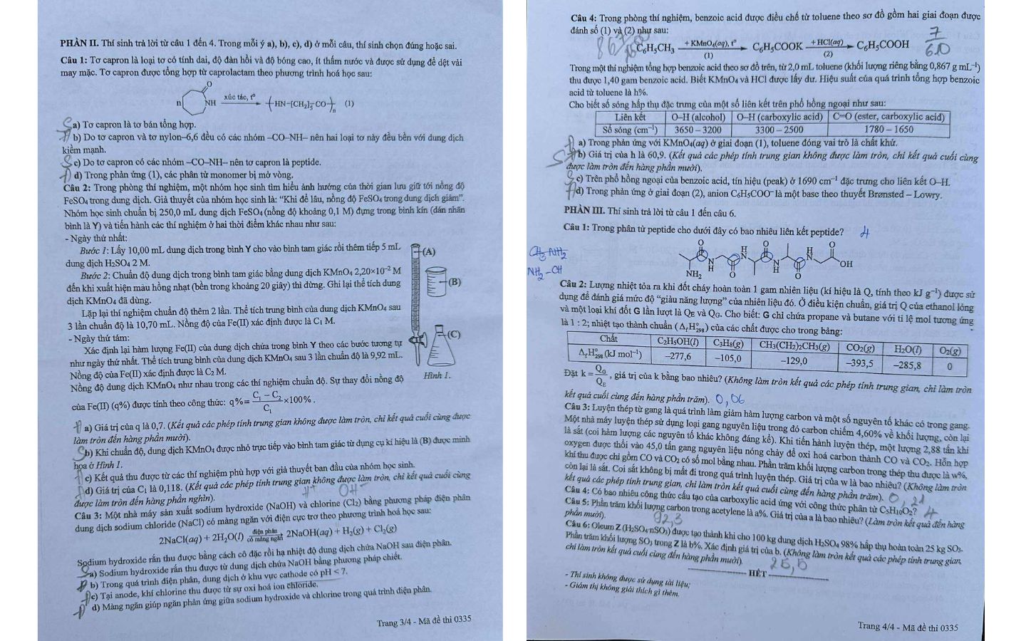 Đề thi môn Hóa học mã đề 0335 trang 3,4