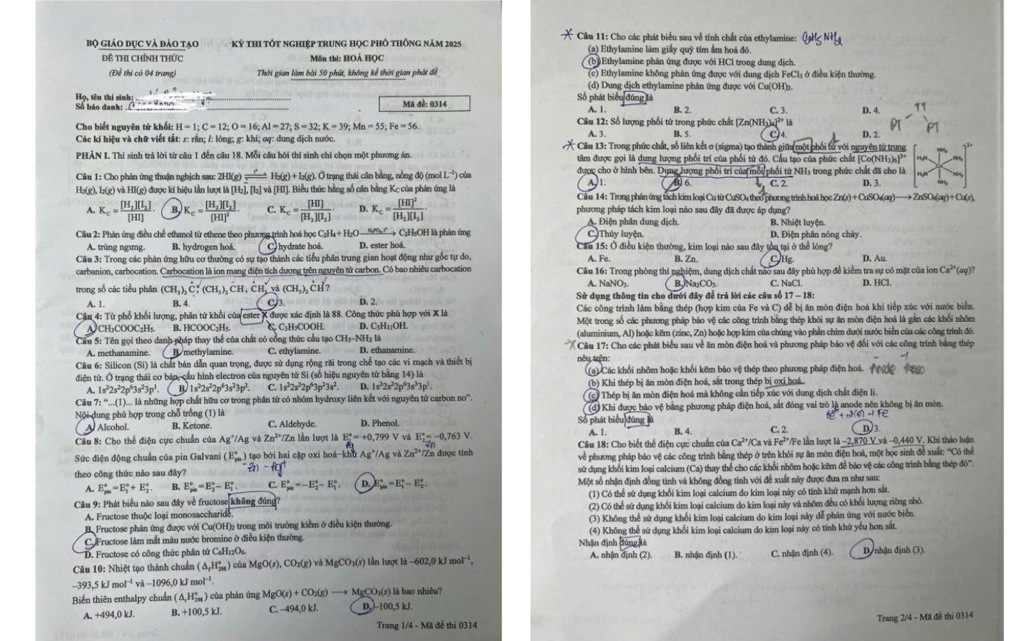 Đề thi môn Hóa học mã đề 0314 trang 1, 2