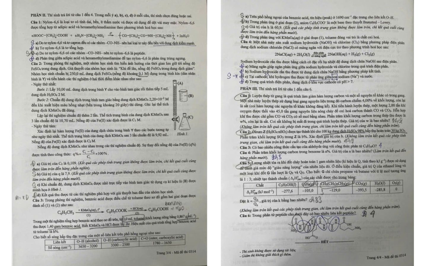 Đề thi môn Hóa học mã đề 0314 trang 3, 4