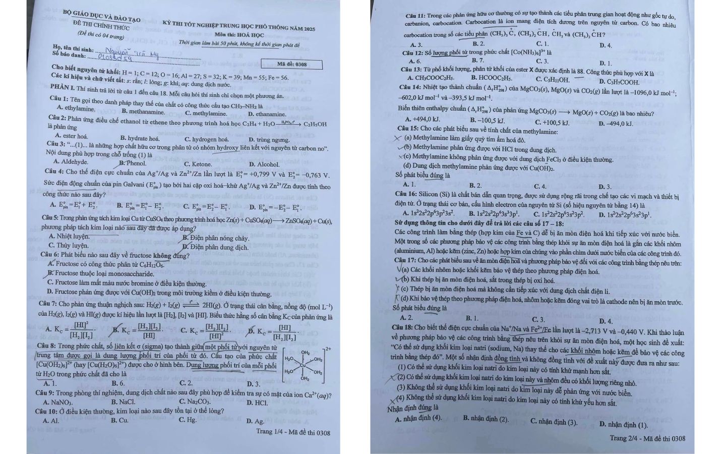 Đề thi môn Hóa học mã đề 0308 trang 1, 2