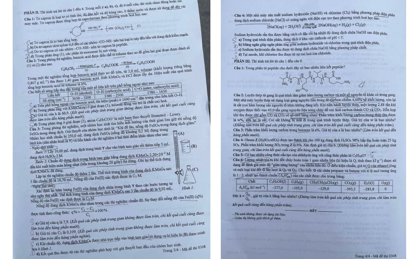 Đề thi môn Hóa học mã đề 0308 trang 3, 4