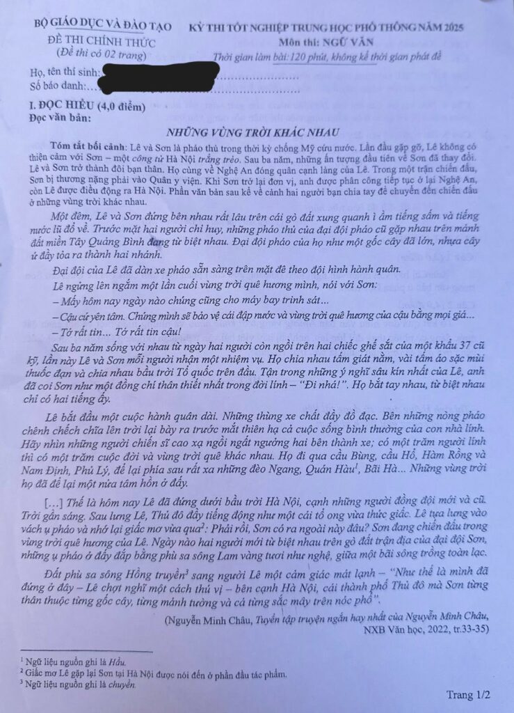 Đề thi môn Ngữ Văn Tốt nghiệp THPT 2025 trang 1