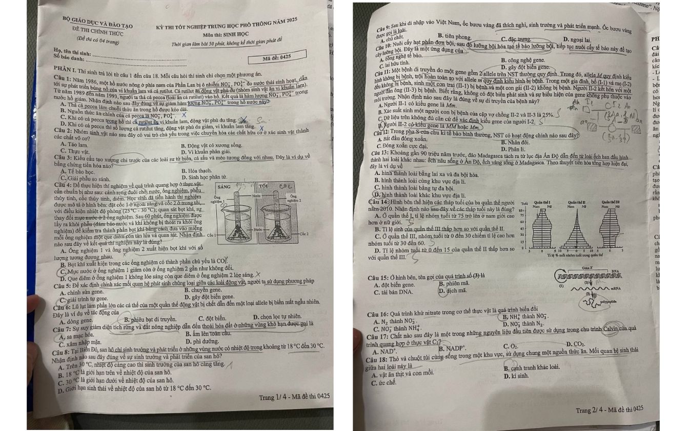 Đề thi môn Sinh học mã 0425 trang 1- 2