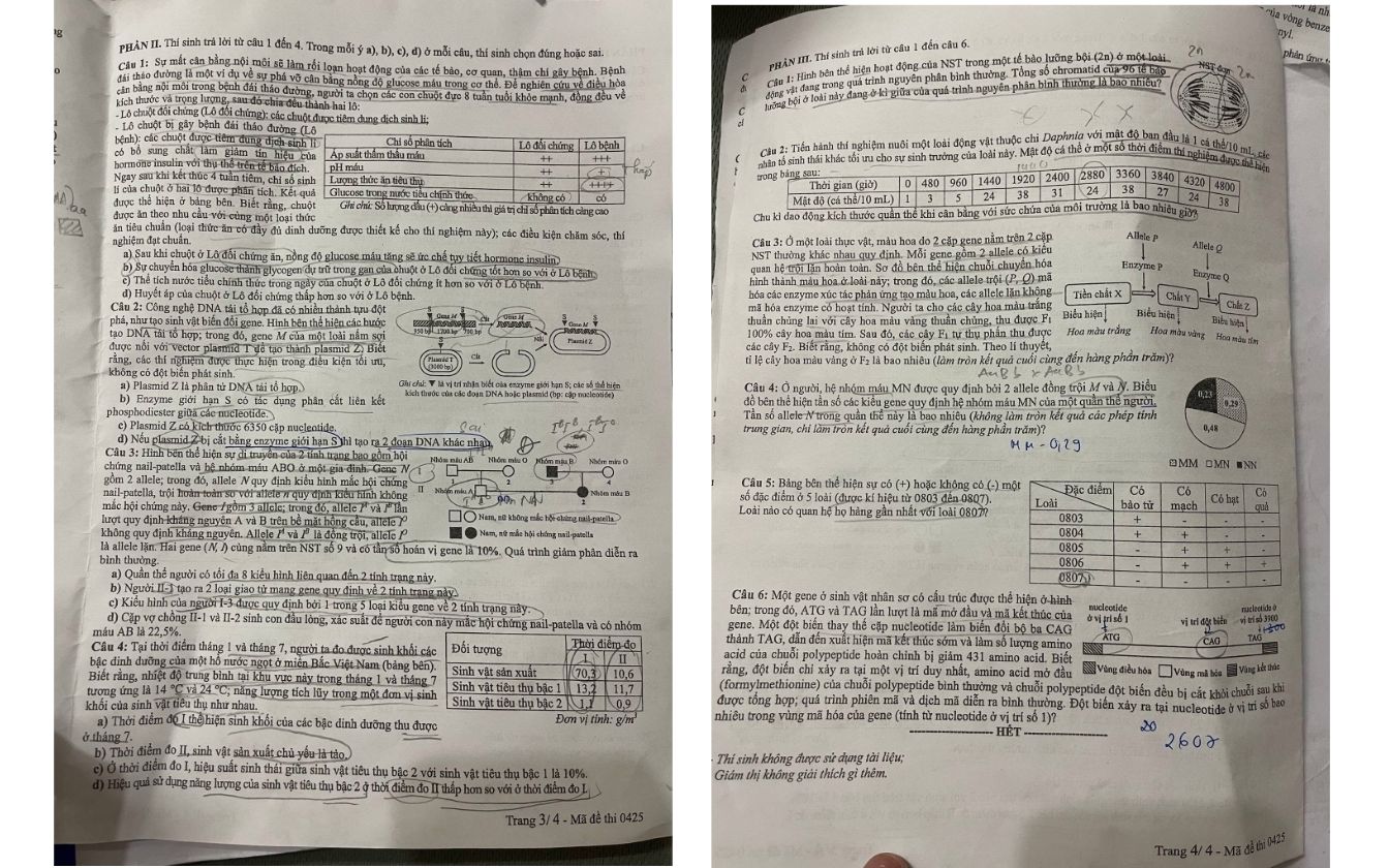 Đề thi môn Sinh học mã 0425 trang 3 - 4