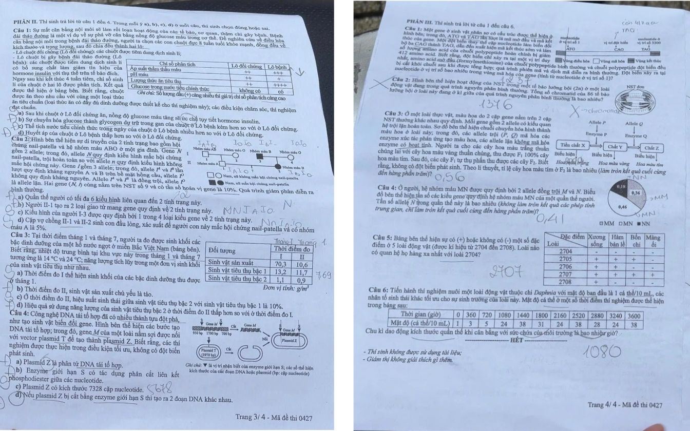 Đề thi môn Sinh học mã 0427 trang 3 - 4