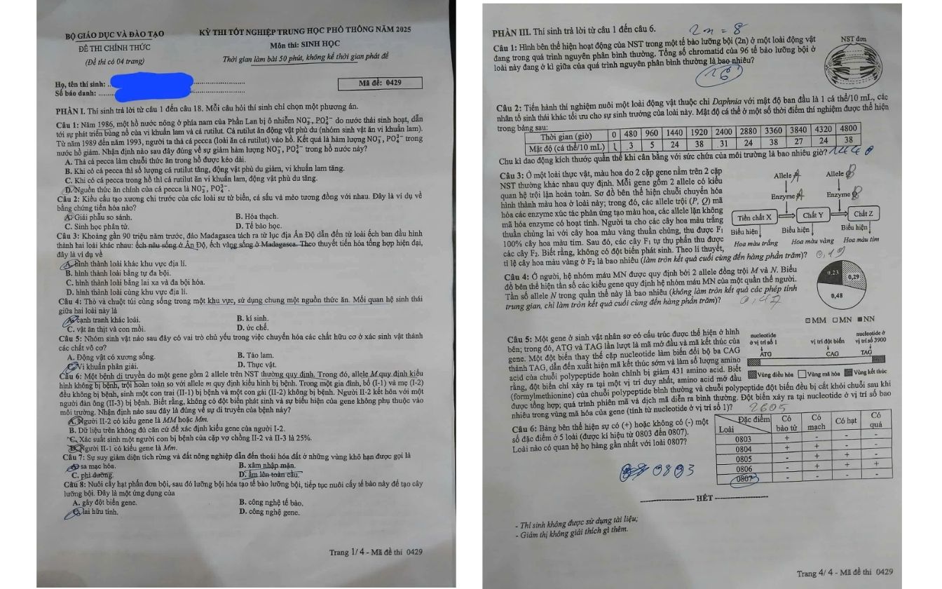 Đề thi môn Sinh học mã 0429 trang 1- 2